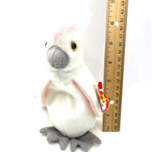 Ty Beanie Babies Kuku Cockatoo Plush Toy 1997 White W/ Pink & Gray Details 7"